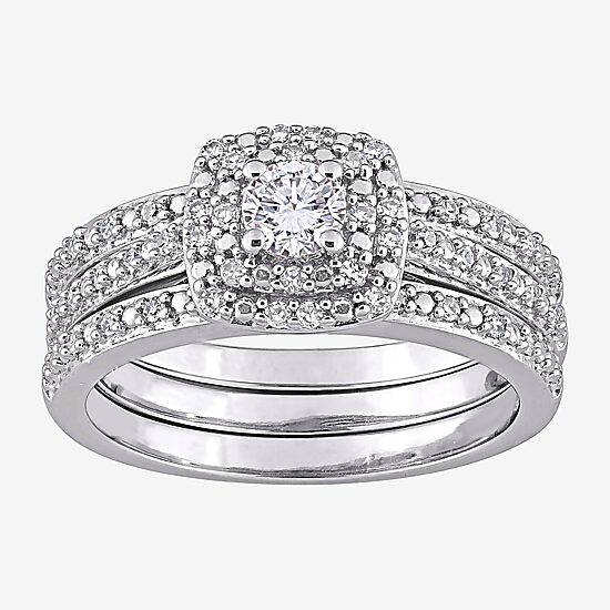 Womens 1/2 CT. T.W. Natural White Diamond Sterling Silver Cushion Side Stone Halo Bridal Set