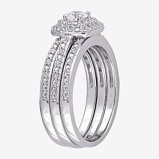 Womens 1/2 CT. T.W. Natural White Diamond Sterling Silver Cushion Side Stone Halo Bridal Set