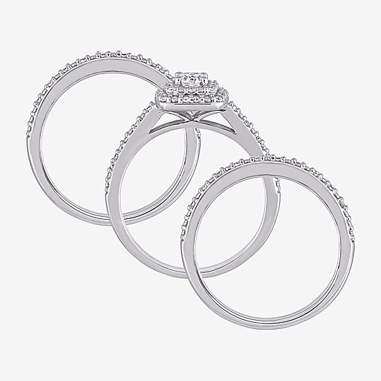 Womens 1/2 CT. T.W. Natural White Diamond Sterling Silver Cushion Side Stone Halo Bridal Set