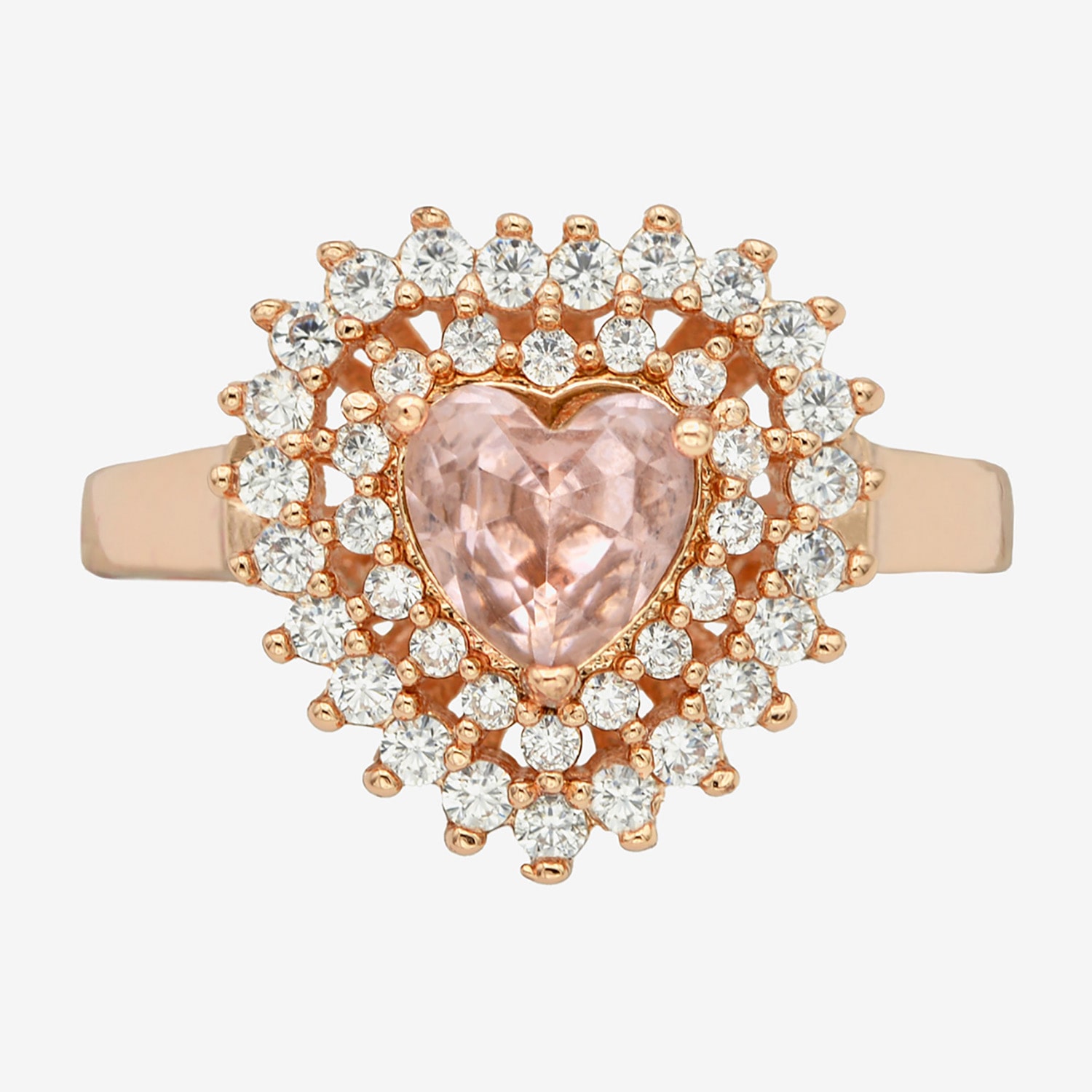 Sparkle Allure Double Halo Womens Pink Crystal 18K Rose Gold Over Brass Heart Cocktail Ring