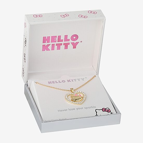 Hello Kitty Womens Crystal 18K Gold Over Brass Heart 18 Inch Pendant Necklace