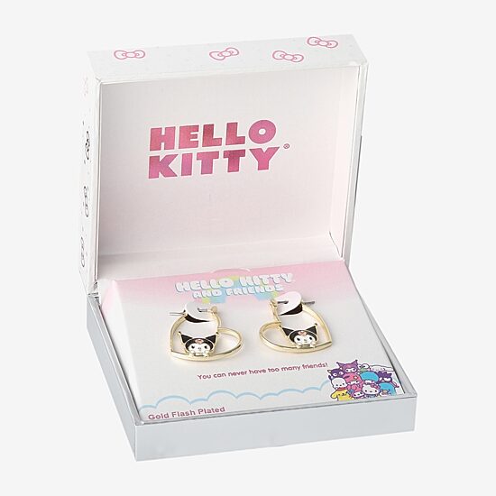 Womens Crystal 18K Gold Over Brass 26mm Heart Hello Kitty Kuromi Hoop Earrings