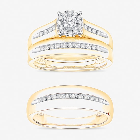 (I / Si1) 3PC Trio Set Featuring 3/8 CT. T.W. Lab Grown White Diamond 10K Two Tone Gold Round Side Stone Wedding Bridal Set