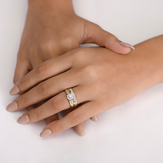 (I / Si1) 3PC Trio Set Featuring 3/8 CT. T.W. Lab Grown White Diamond 10K Two Tone Gold Round Side Stone Wedding Bridal Set