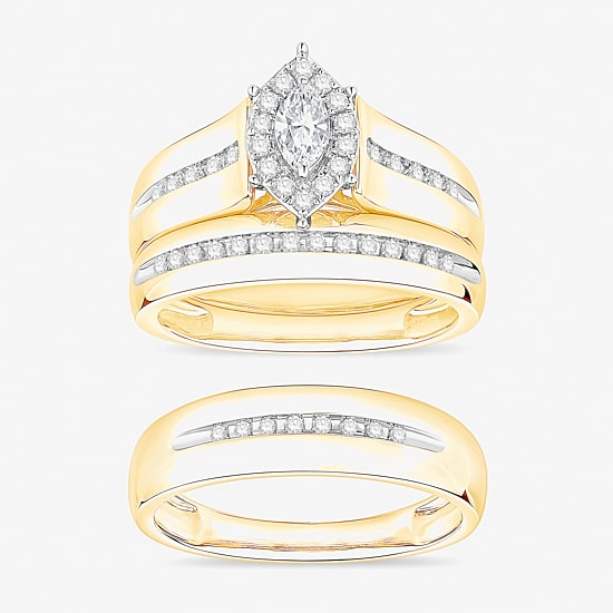 (I / Si1) 3PC Trio Set Featuring 1/2 CT. T.W. Lab Grown White Diamond 10K Two Tone Gold Marquise Side Stone Wedding Bridal Set