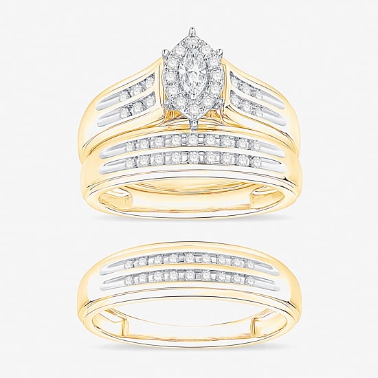 (I / Si1) 3PC Trio Set Featuring 1/2 CT. T.W. Lab Grown White Diamond 10K Two Tone Gold Marquise Side Stone Bridal Set