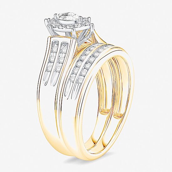 (I / Si1) 3PC Trio Set Featuring 1/2 CT. T.W. Lab Grown White Diamond 10K Two Tone Gold Marquise Side Stone Bridal Set