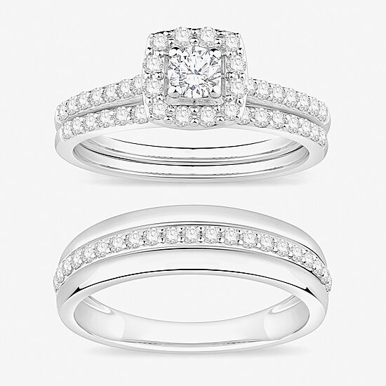 (I / Si1) 3PC Trio Set Featuring 1 CT. T.W. Lab Grown White Diamond 10K White Gold Round Side Stone Wedding Bridal Set
