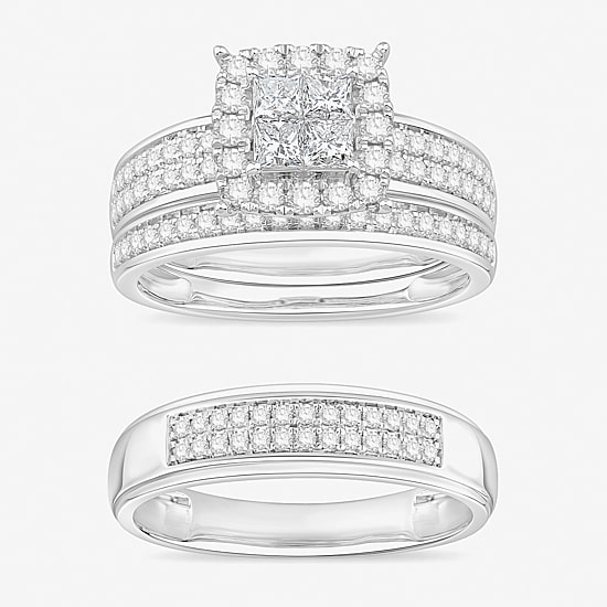 (I / Si1) 3PC Trio Set Featuring 1 1/2 CT. T.W. Lab Grown White Diamond 10K White Gold Side Stone Wedding Bridal Set