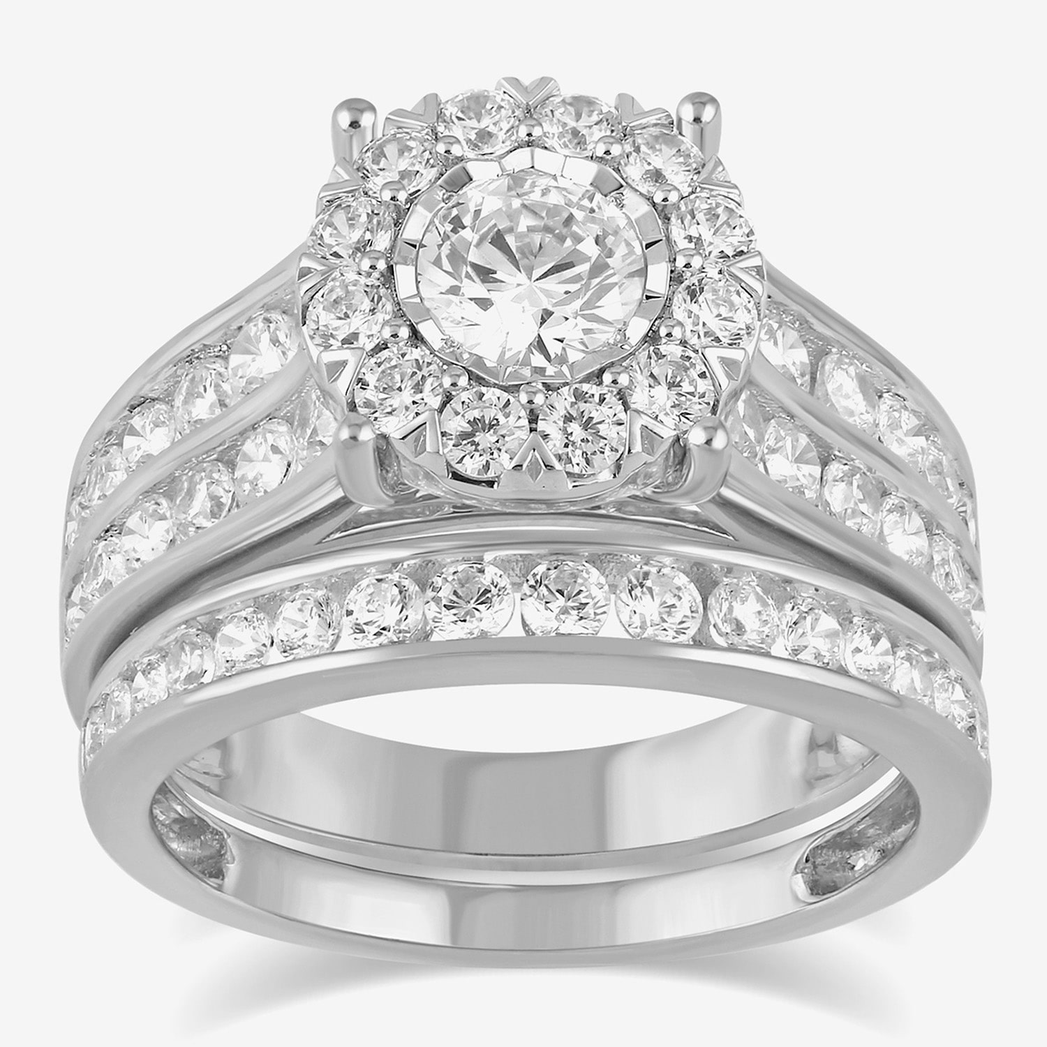 (G / I1) Womens 2 CT. T.W. Lab Grown White Diamond 10K Gold Round Side Stone Engagement Ring