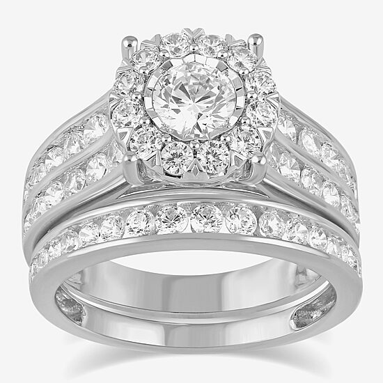(G / I1) Womens 2 CT. T.W. Lab Grown White Diamond 10K Gold Round Side Stone Engagement Ring