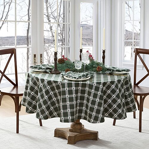 Elrene Sherwood Tree Dobby Cotton Oval Tablecloth, 84"x 60" - Green