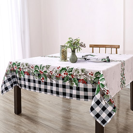 Threadmade Holly Farmhouse Charm Holiday Fabric Tablecloth