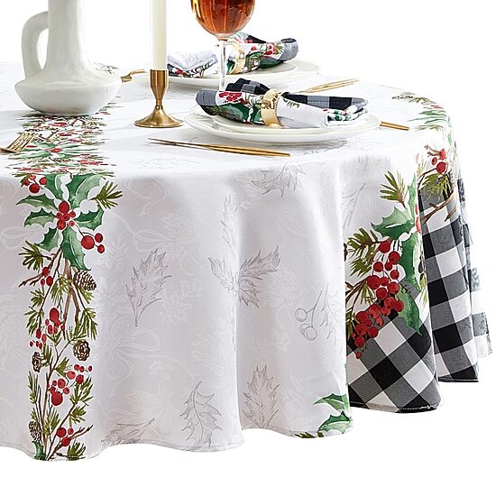 Threadmade Holly Farmhouse Charm Holiday Round Tablecloth