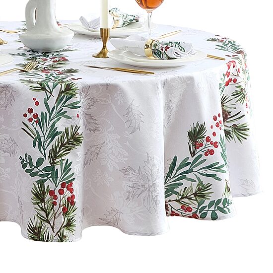 Threadmade Holly Berry Flourish Holiday Round Tablecloth