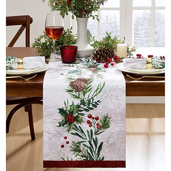 Threadmade Holly Berry Flourish Holiday Fabric Table Runner