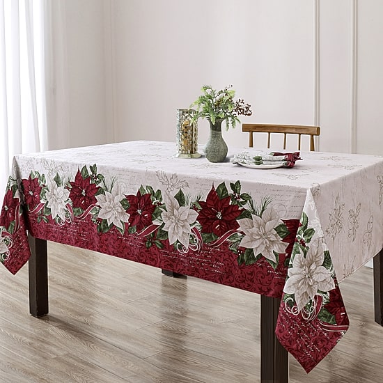 Threadmade Clarette Poinsettia Holiday Fabric Tablecloth