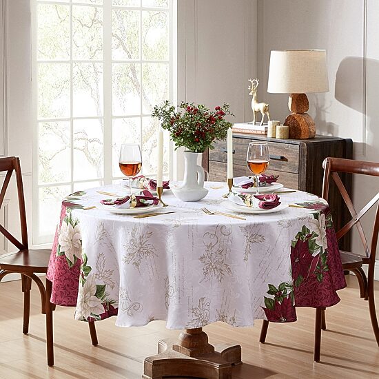 Threadmade Clarette Poinsettia Holiday Round Tablecloth