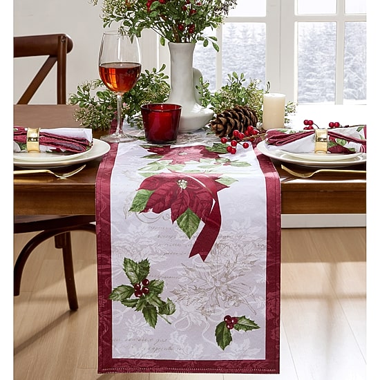 Elrene Home Fashions Clarette Poinsettia Holiday Fabric Table Runner