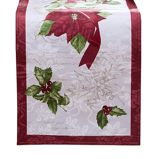 Elrene Home Fashions Clarette Poinsettia Holiday Fabric Table Runner