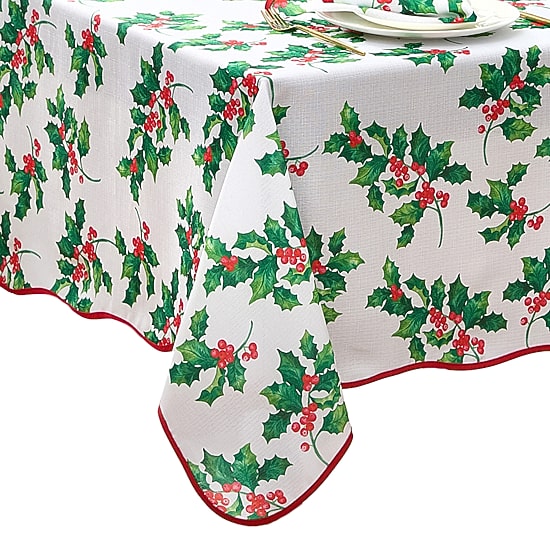 Threadmade Vintage Holly Scallop Border Rectangle Tablecloth