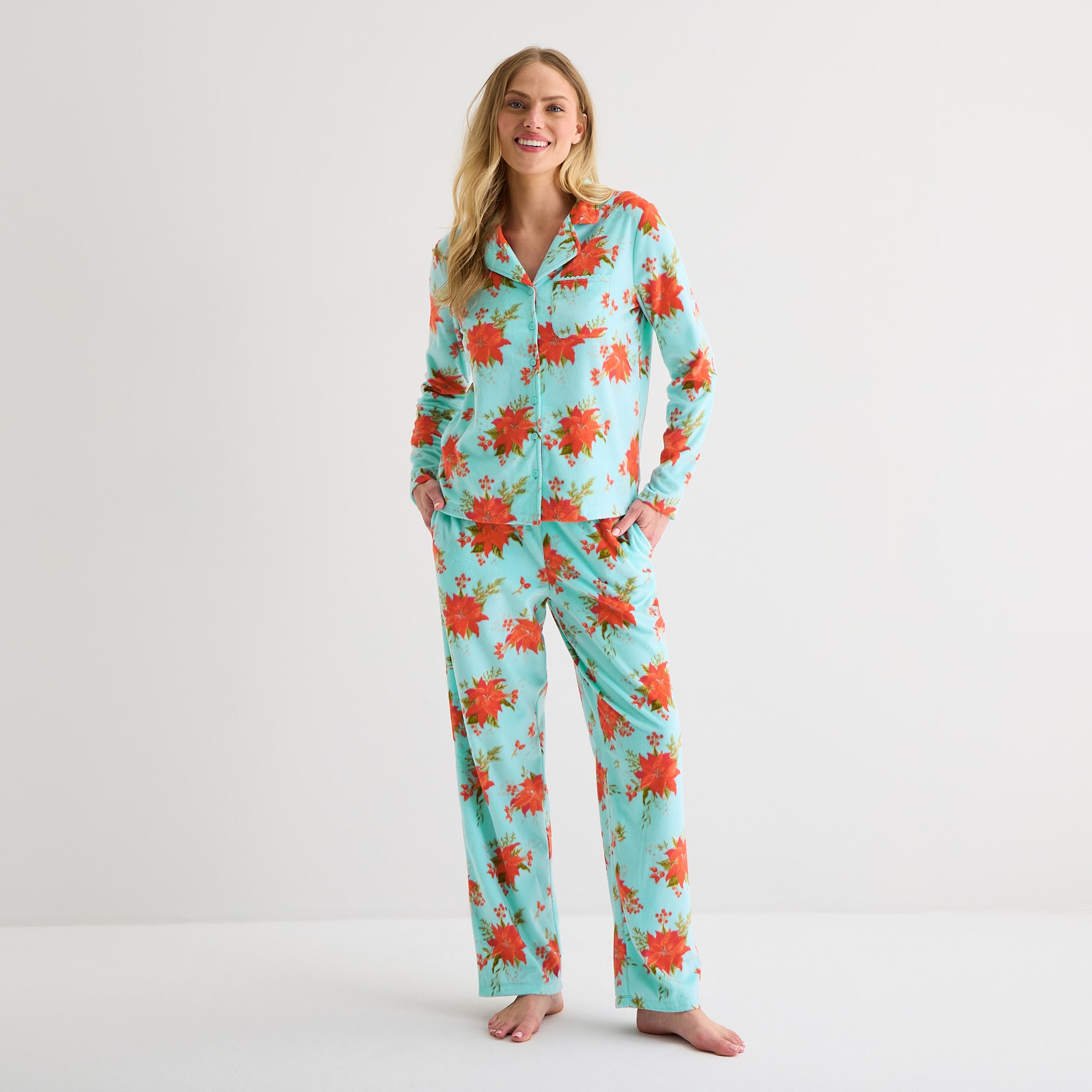 Adonna Womens Fleece Long Sleeve 2-pc. Pajama Set