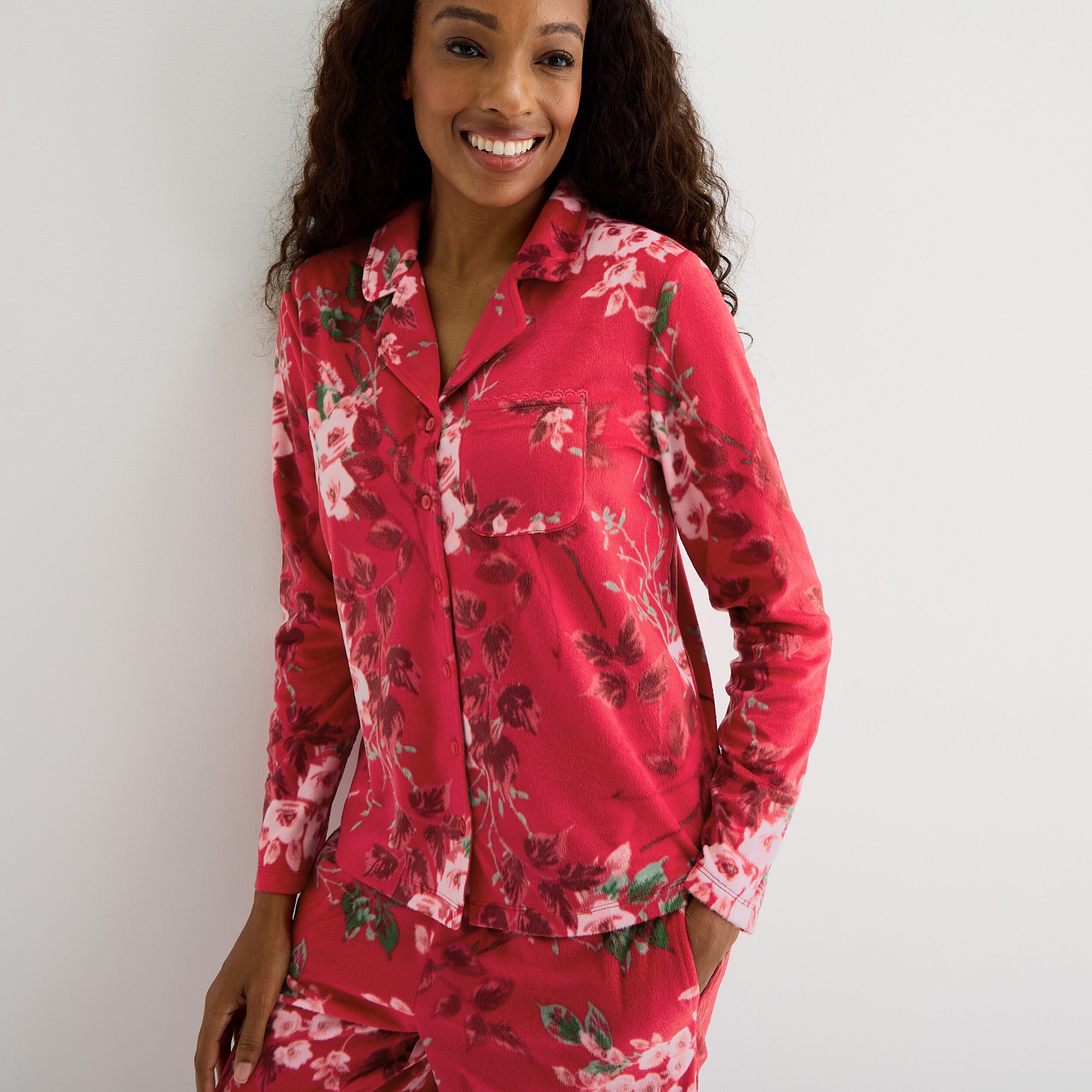 Adonna Womens Fleece Long Sleeve 2-pc. Pajama Set