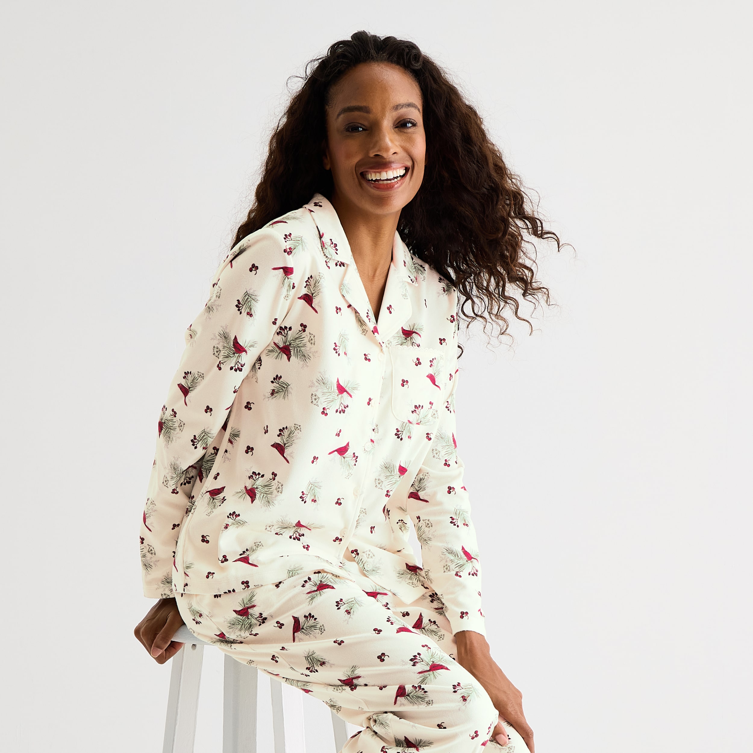 Adonna Womens Fleece Long Sleeve 2-pc. Pajama Set