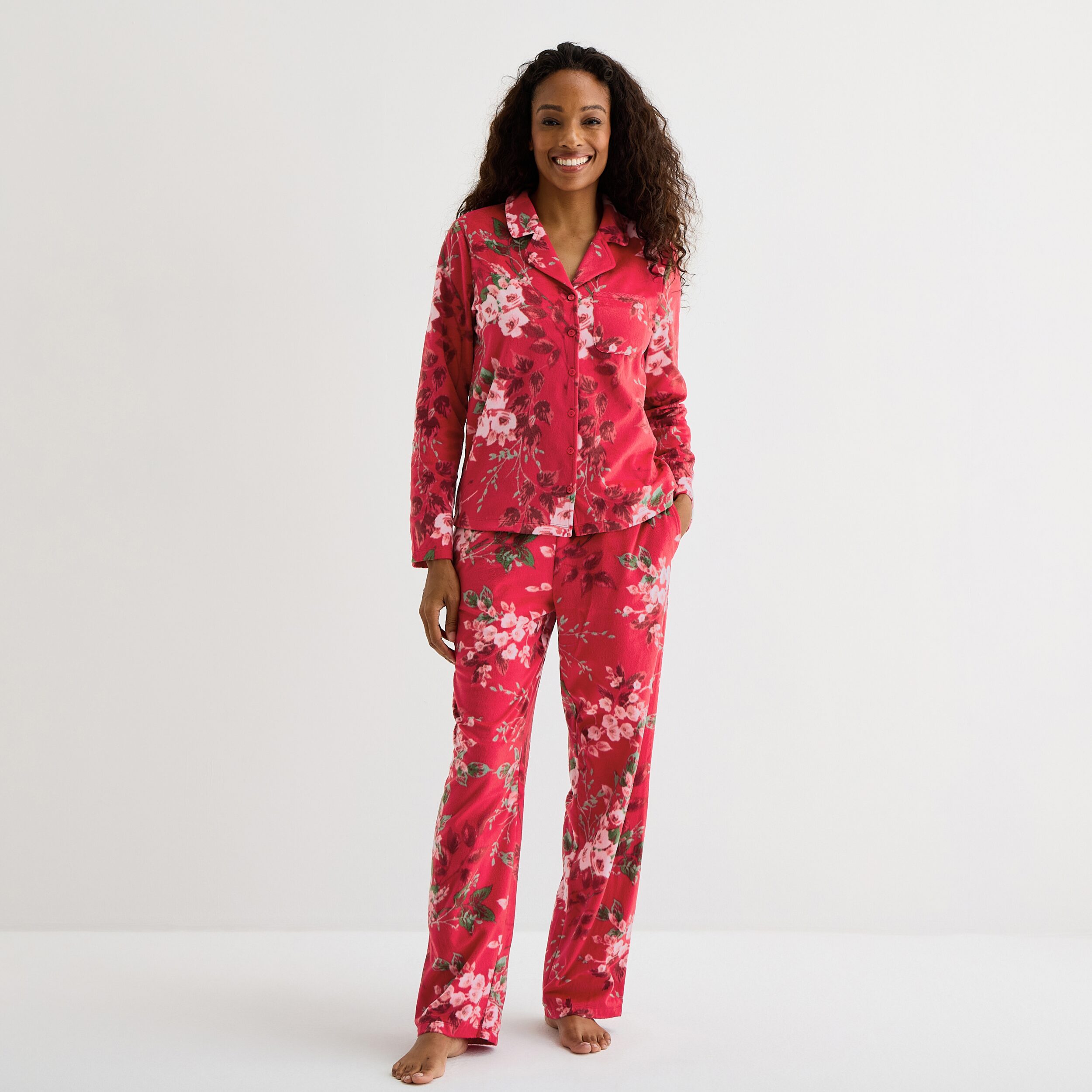 Adonna Womens Fleece Long Sleeve 2-pc. Pajama Set