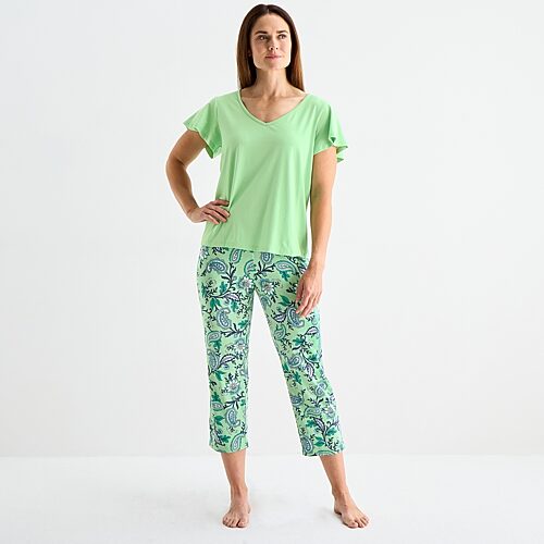 Liz Claiborne Womens V-Neck Short Sleeve 2-pc. Pajama Sets, Petite Medium, Green