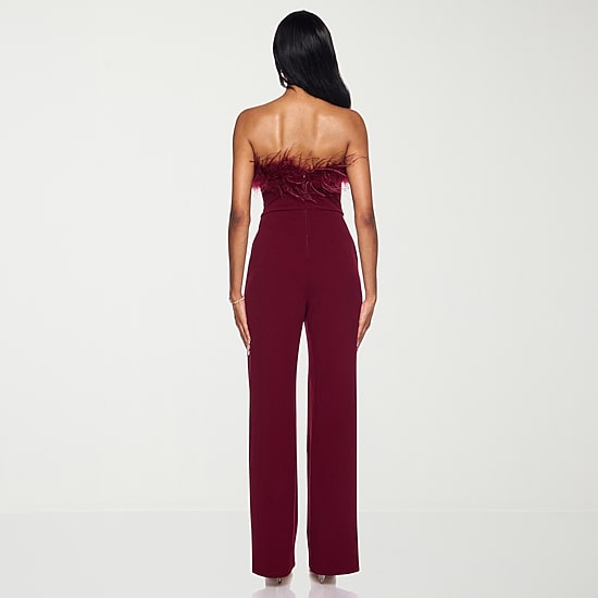 Premier Amour Womens Strapless Faux-Feather Trim Jumpsuit