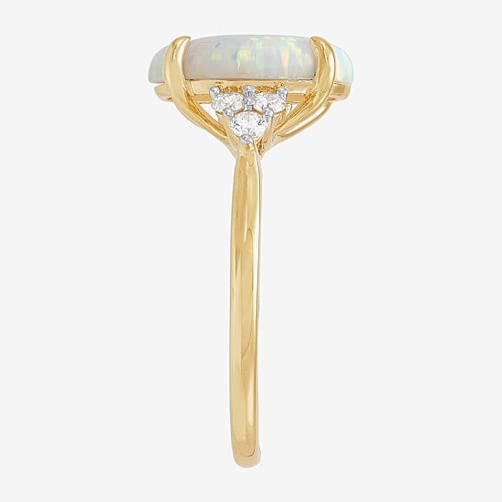 Womens Lab Created White Opal 14K Gold Over Silver Oval Side Stone Cocktail Ring