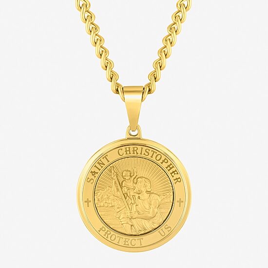 St. Christopher Medallion Mens Stainless Steel Round 24 Inch Pendant Necklace