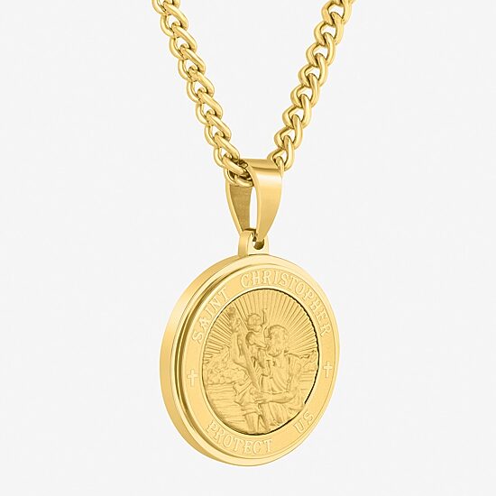 St. Christopher Medallion Mens Stainless Steel Round 24 Inch Pendant Necklace