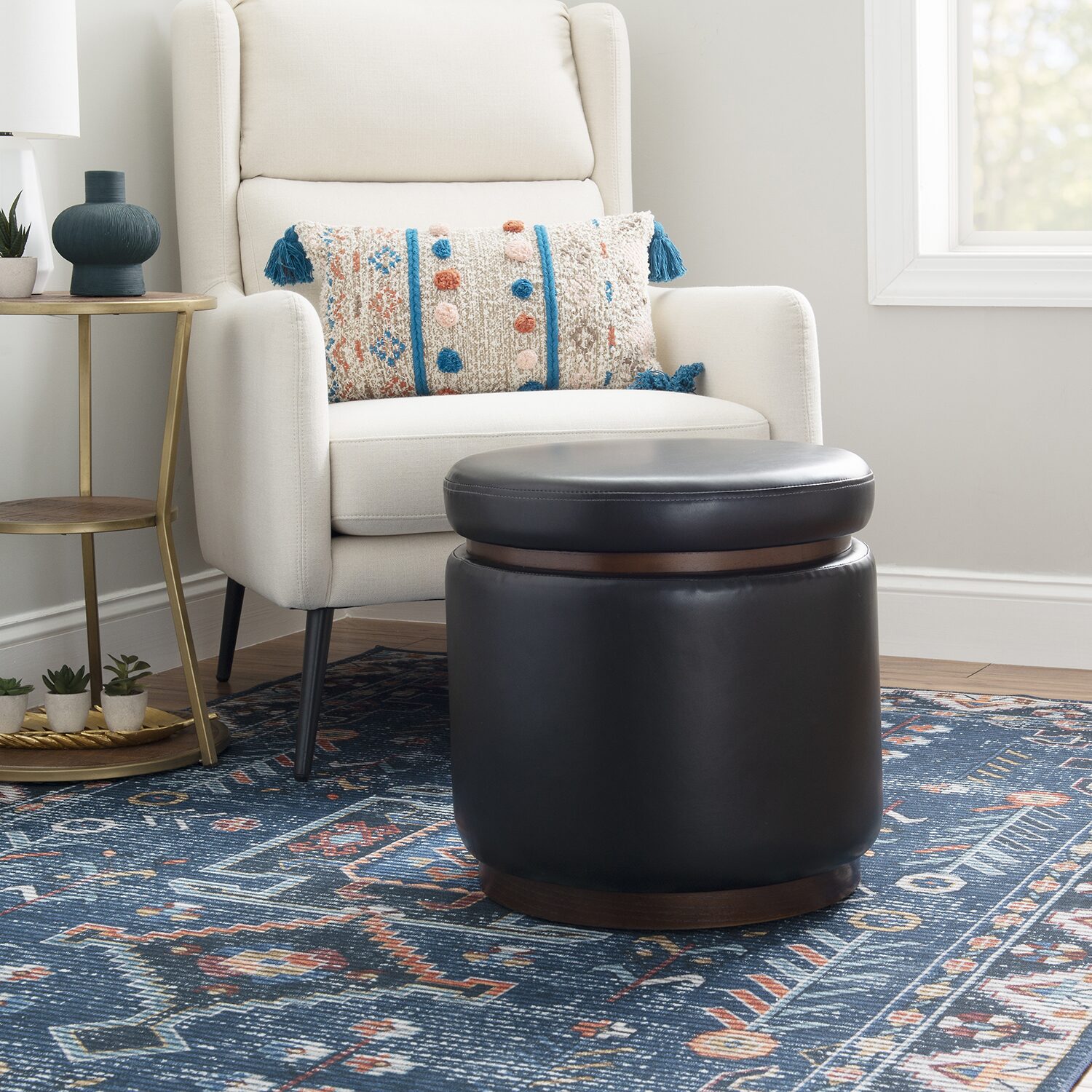 Berlinda Faux Leather Round Storage Ottoman