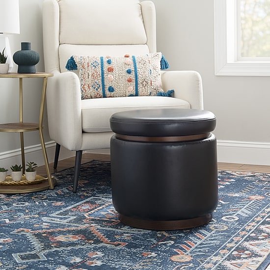 Berlinda Faux Leather Round Storage Ottoman