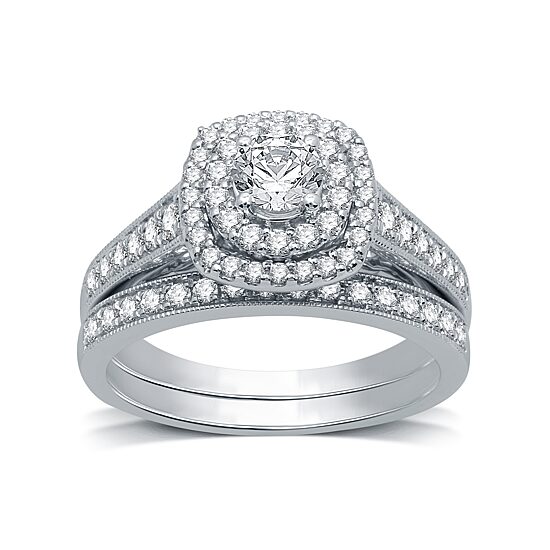 Signature By Modern Bride Womens 1 CT. T.W. Natural White Diamond 14K Gold Cushion Bridal Set