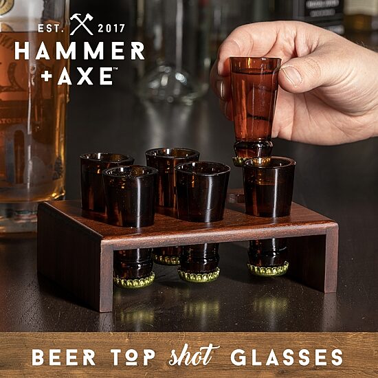 Hammer + Axe Beer Top Shot Glass Set, 6 Bottle Neck Glasses With Wood Display Stand