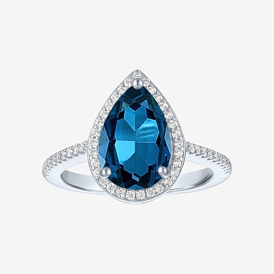 Womens Genuine Blue Topaz Sterling Silver Pear Halo Side Stone Cocktail Ring