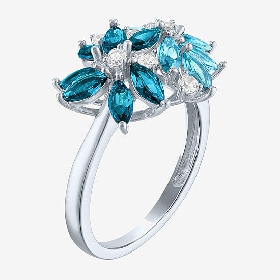 Womens Gemstone Sterling Silver Flower Cluster Cocktail Ring