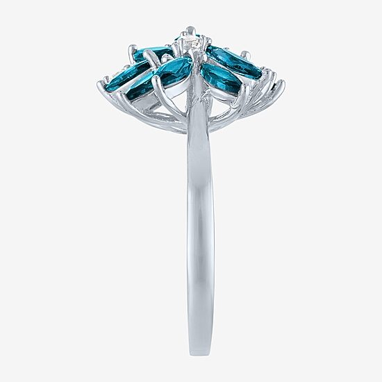 Womens Gemstone Sterling Silver Flower Cluster Cocktail Ring
