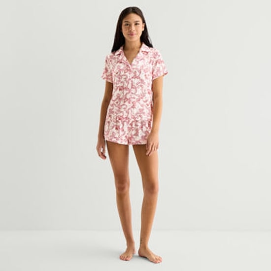 Arizona Body Womens Satin Short Sleeve 2-pc. Juniors Pajama Sets