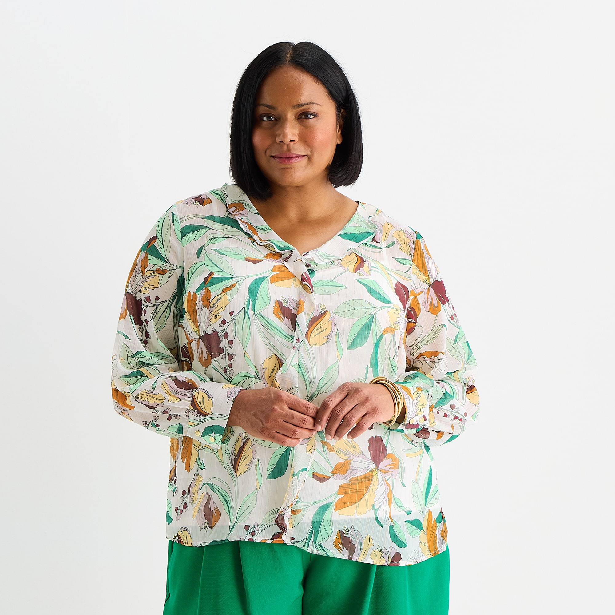 Liz Claiborne Womens Plus V Neck Long Sleeve Blouse