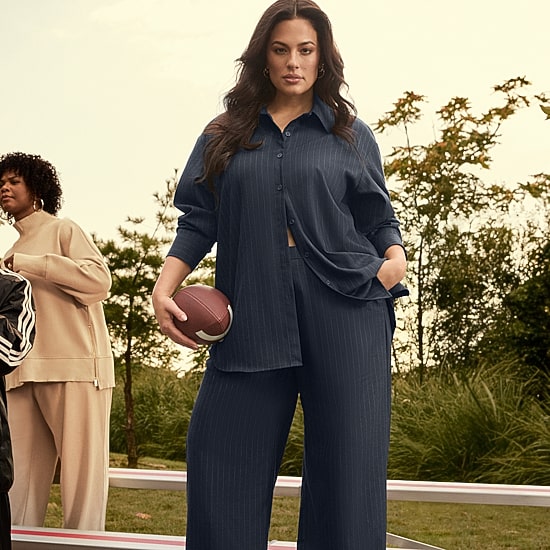 Ashley Graham Pinstripe Womens Plus Long Sleeve Relaxed Fit Button