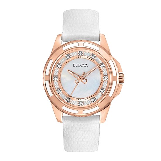Bulova Classic Womens White Leather Strap Watch 98p119