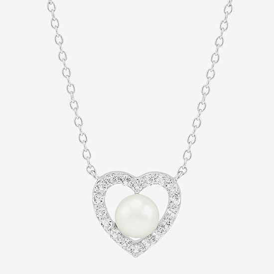 Womens White Cultured Freshwater Pearl Sterling Silver Heart 18 Inch Pendant Necklace