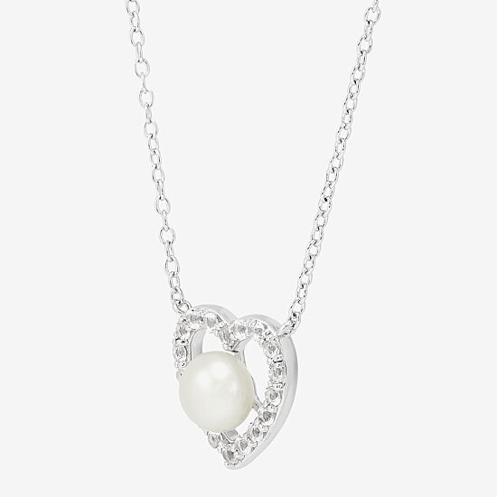 Womens White Cultured Freshwater Pearl Sterling Silver Heart 18 Inch Pendant Necklace