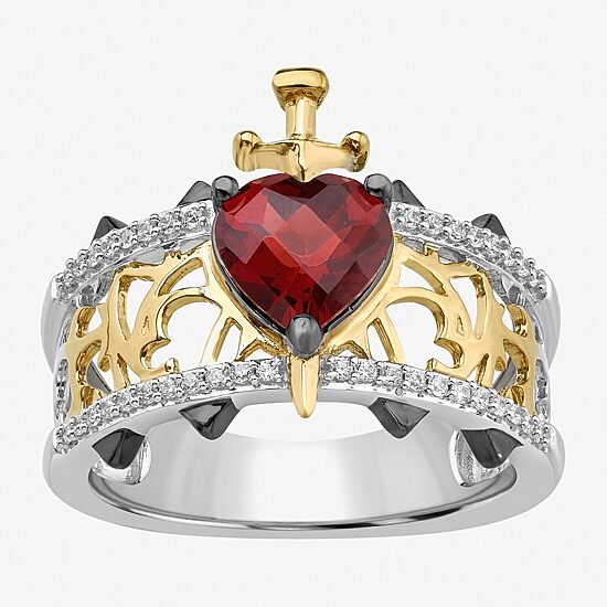Enchanted Disney Fine Jewelry Womens 1/8 CT. T.W. Genuine Red Garnet 14K Gold Over Silver Heart Evil Queen Side Stone Cocktail Ring