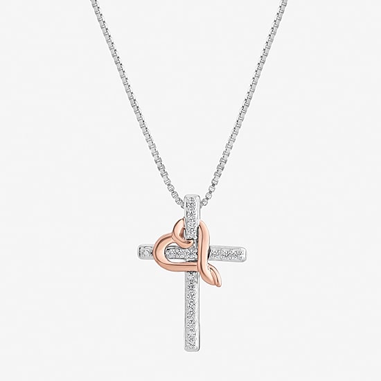 Hallmark Diamonds Womens Diamond Accent Natural White Diamond 14K Two Tone Gold Over Silver Cross Heart 18 Inch Pendant Necklace