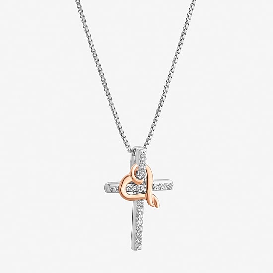 Hallmark Diamonds Womens Diamond Accent Natural White Diamond 14K Two Tone Gold Over Silver Cross Heart 18 Inch Pendant Necklace